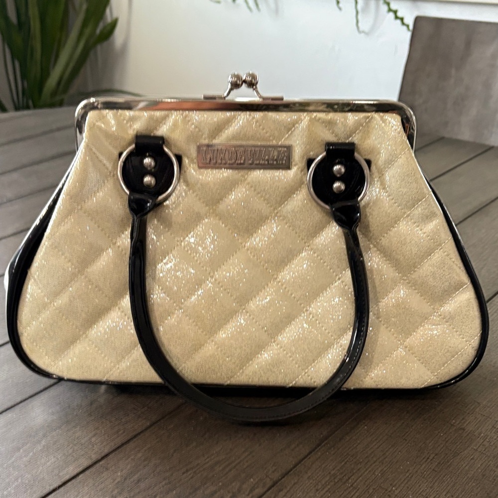 Lux Deville Cream and Black Glittery Quilted Kisslock Satchel